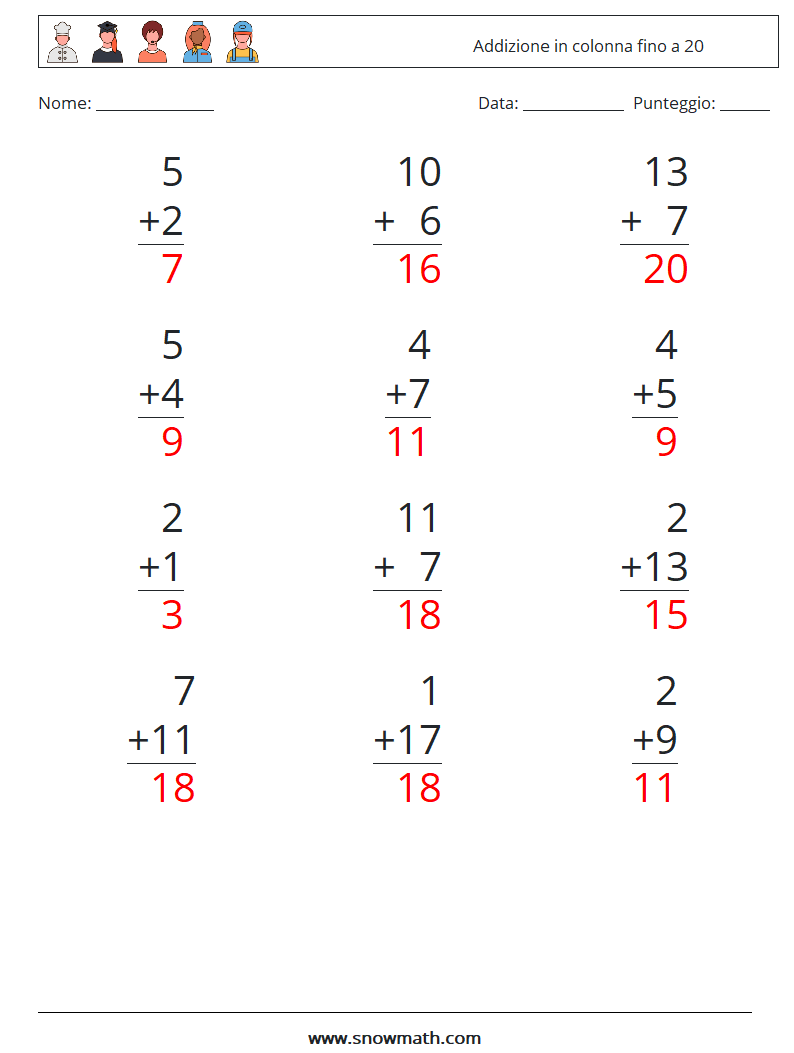 (12) Addizione in colonna fino a 20 Fogli di lavoro di matematica 8 Domanda, Risposta