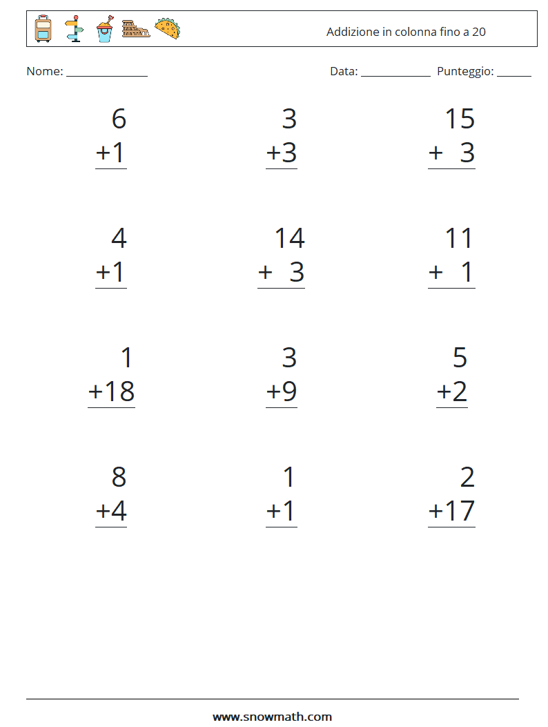 (12) Addizione in colonna fino a 20 Fogli di lavoro di matematica 9