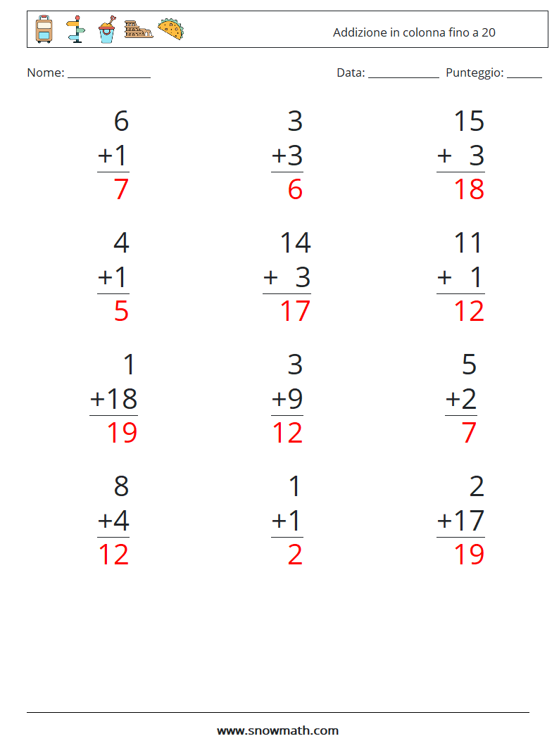 (12) Addizione in colonna fino a 20 Fogli di lavoro di matematica 9 Domanda, Risposta