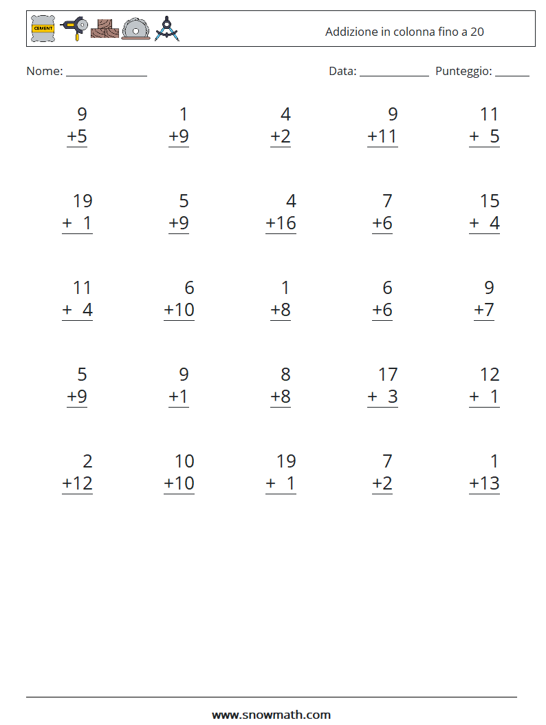 (25) Addizione in colonna fino a 20 Fogli di lavoro di matematica 1