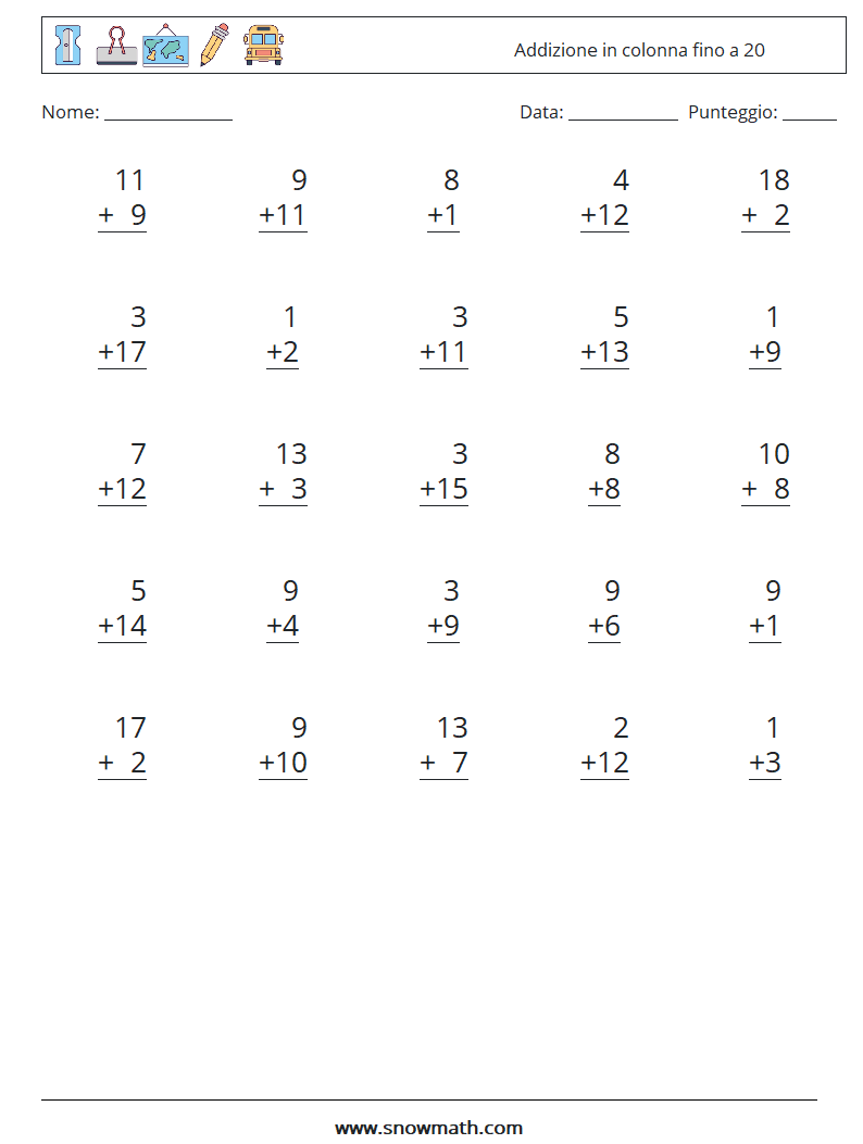 (25) Addizione in colonna fino a 20 Fogli di lavoro di matematica 13