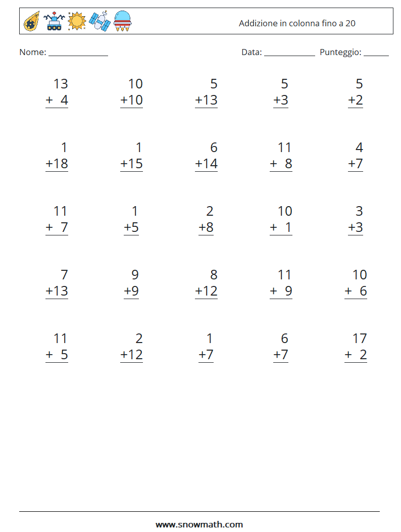 (25) Addizione in colonna fino a 20 Fogli di lavoro di matematica 2