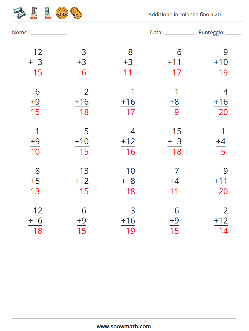 (25) Addizione in colonna fino a 20 Fogli di lavoro di matematica 3 Domanda, Risposta