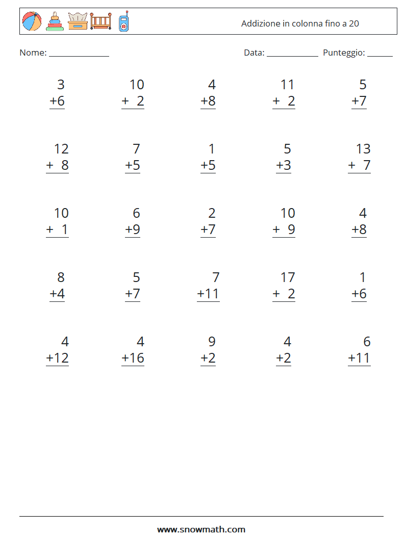 (25) Addizione in colonna fino a 20 Fogli di lavoro di matematica 6