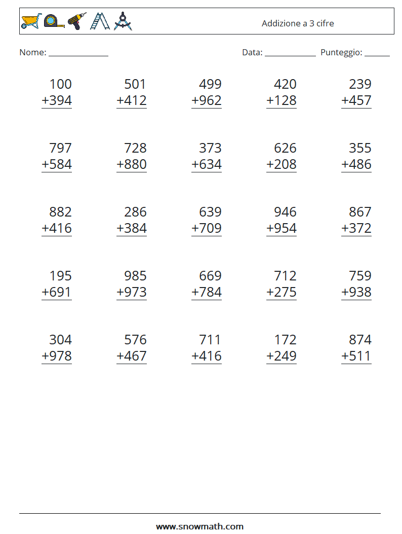 (25) Addizione a 3 cifre Fogli di lavoro di matematica 1