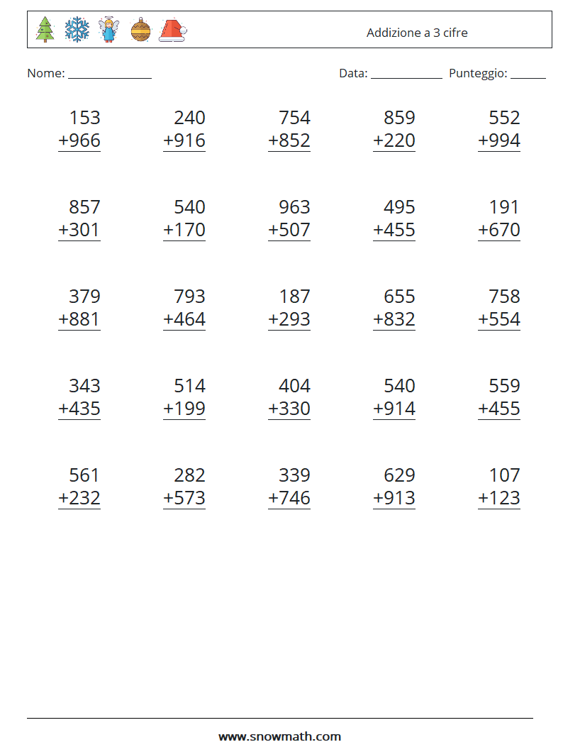 (25) Addizione a 3 cifre Fogli di lavoro di matematica 10