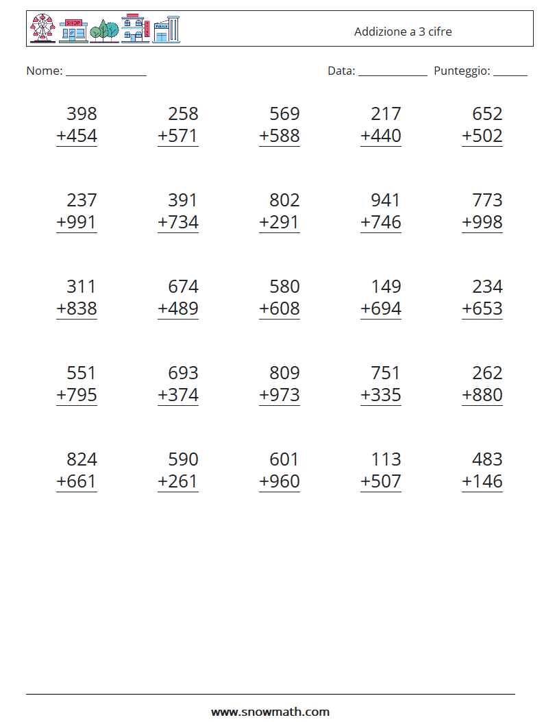 (25) Addizione a 3 cifre Fogli di lavoro di matematica 11