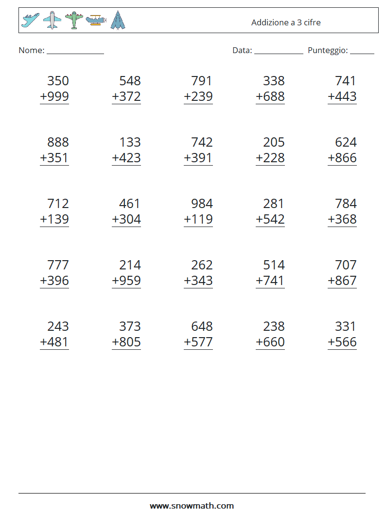 (25) Addizione a 3 cifre Fogli di lavoro di matematica 12