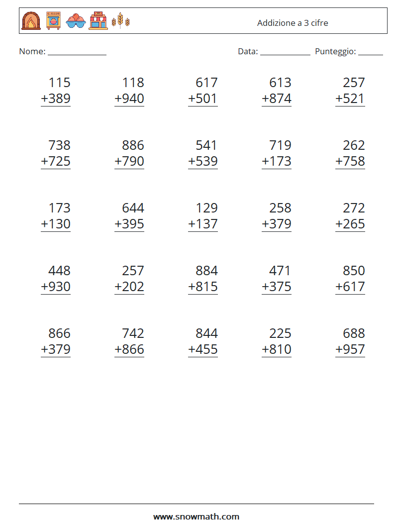 (25) Addizione a 3 cifre Fogli di lavoro di matematica 13