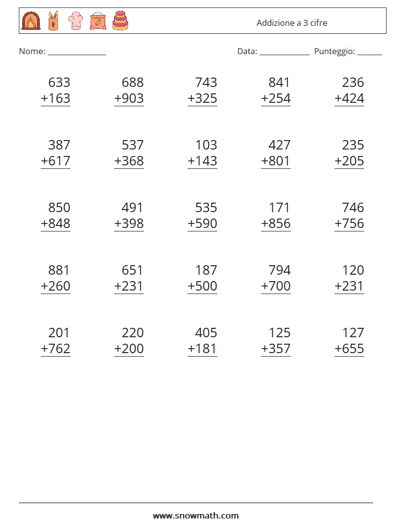 (25) Addizione a 3 cifre Fogli di lavoro di matematica 14