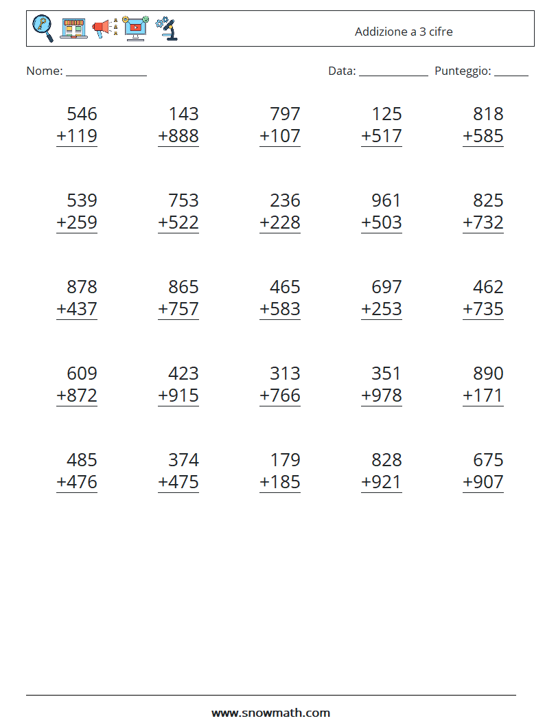 (25) Addizione a 3 cifre Fogli di lavoro di matematica 15