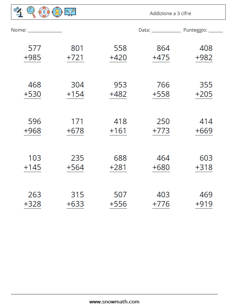 (25) Addizione a 3 cifre Fogli di lavoro di matematica 18