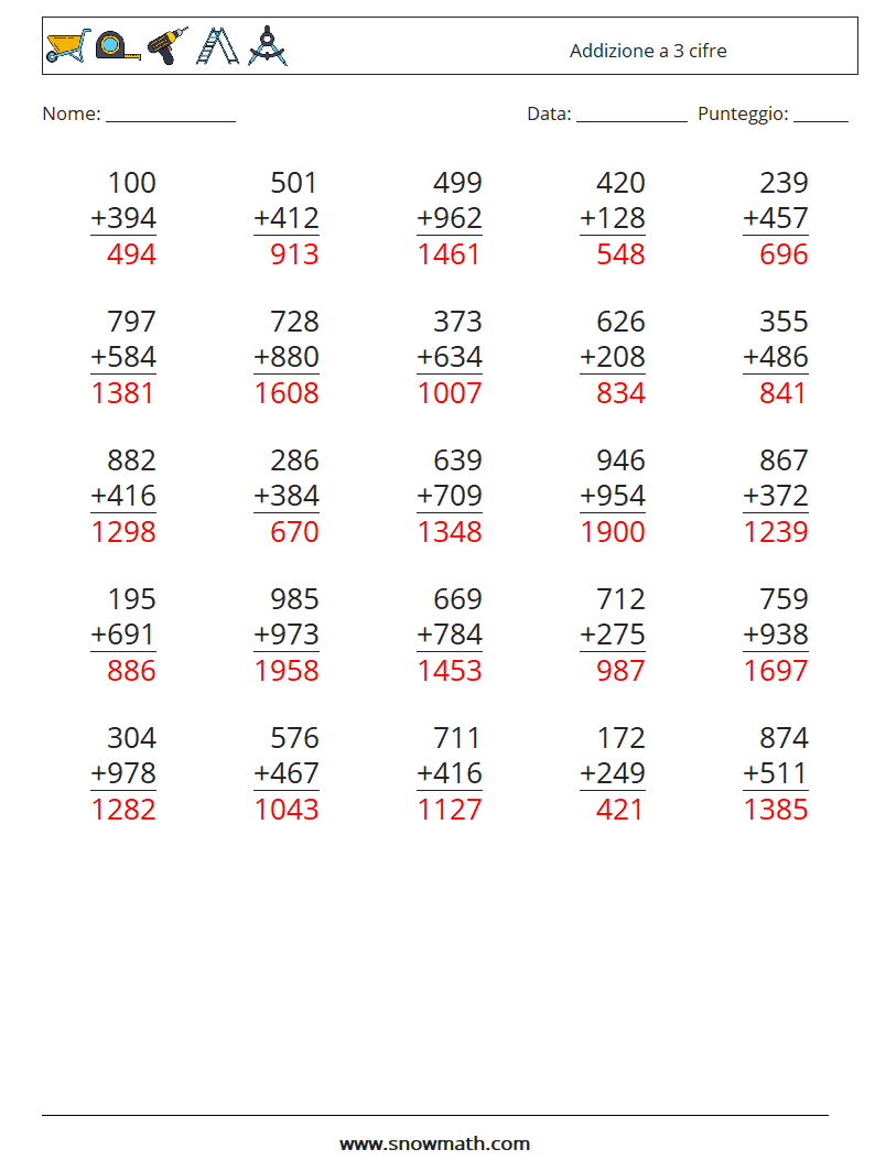 (25) Addizione a 3 cifre Fogli di lavoro di matematica 1 Domanda, Risposta