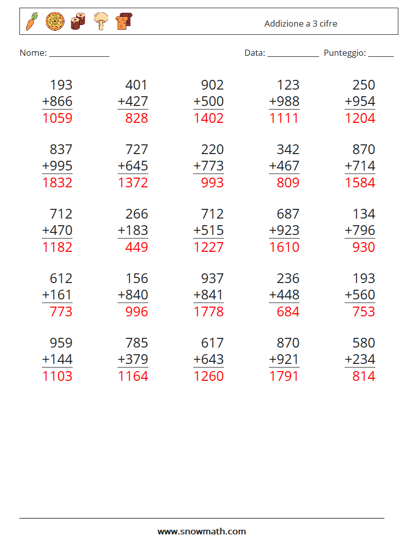 (25) Addizione a 3 cifre Fogli di lavoro di matematica 2 Domanda, Risposta