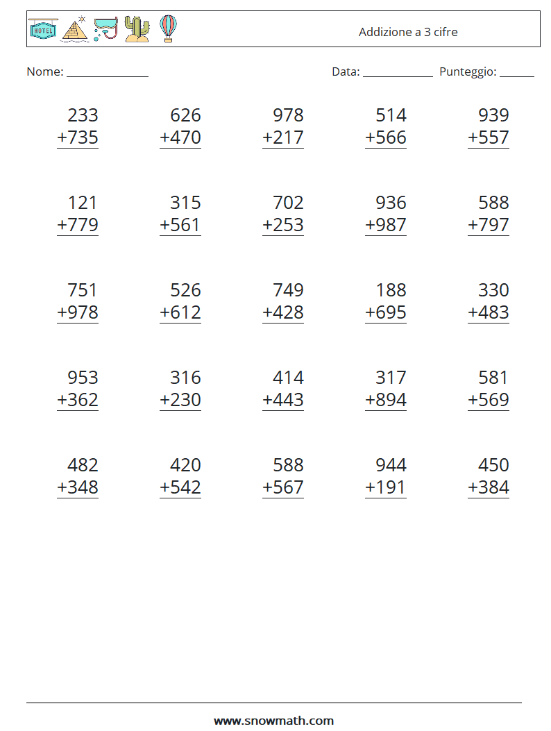 (25) Addizione a 3 cifre Fogli di lavoro di matematica 3