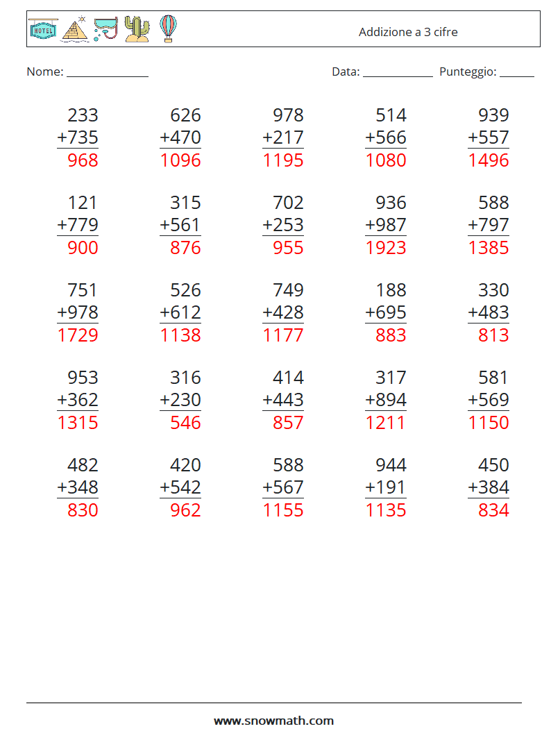 (25) Addizione a 3 cifre Fogli di lavoro di matematica 3 Domanda, Risposta