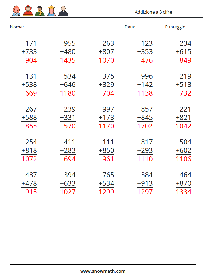 (25) Addizione a 3 cifre Fogli di lavoro di matematica 5 Domanda, Risposta