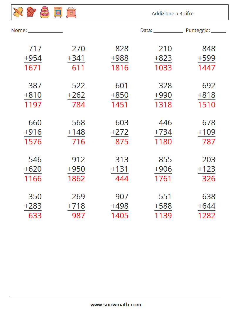 (25) Addizione a 3 cifre Fogli di lavoro di matematica 6 Domanda, Risposta