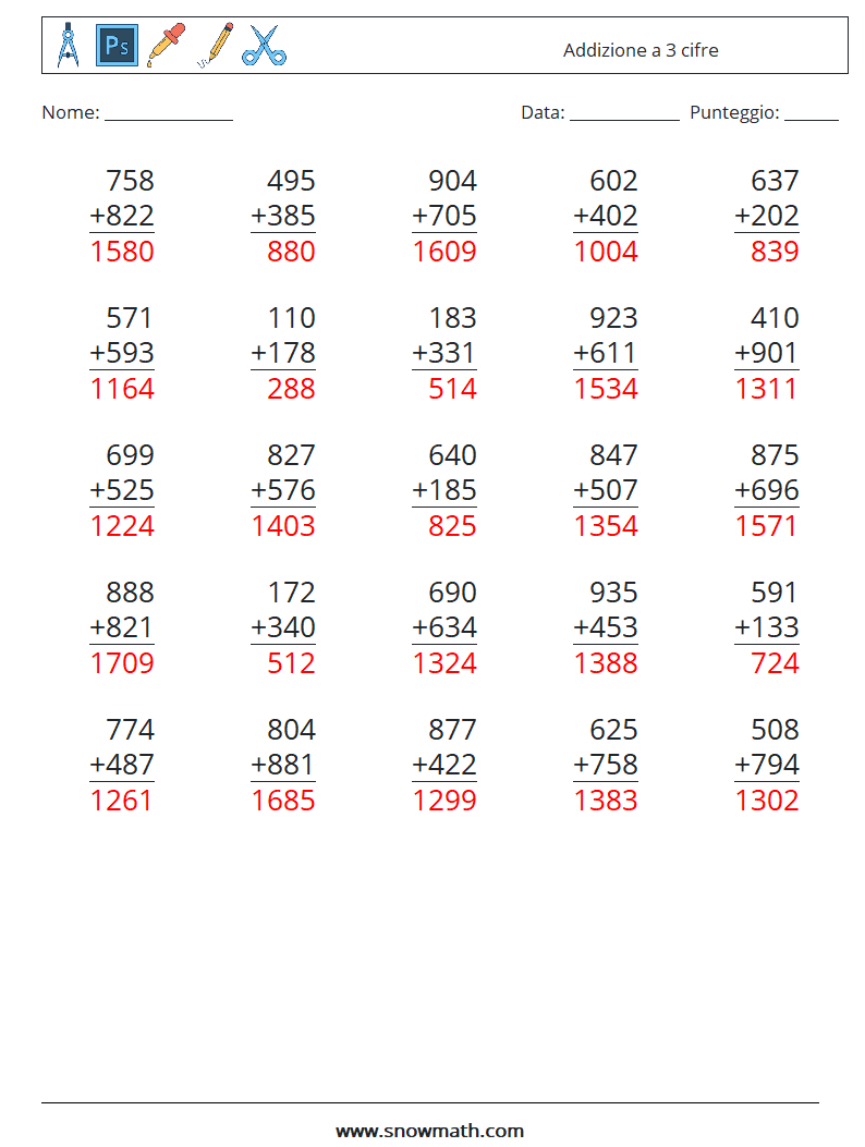 (25) Addizione a 3 cifre Fogli di lavoro di matematica 7 Domanda, Risposta