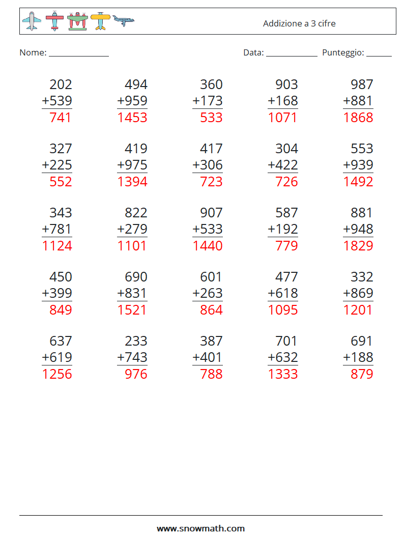 (25) Addizione a 3 cifre Fogli di lavoro di matematica 8 Domanda, Risposta