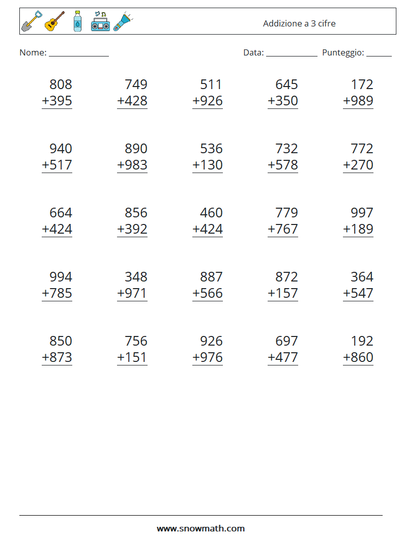(25) Addizione a 3 cifre Fogli di lavoro di matematica 9