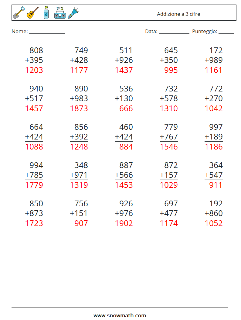 (25) Addizione a 3 cifre Fogli di lavoro di matematica 9 Domanda, Risposta