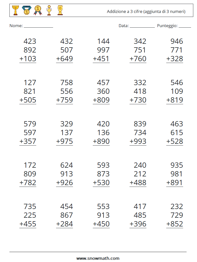 (25) Addizione a 3 cifre (aggiunta di 3 numeri) Fogli di lavoro di matematica 1