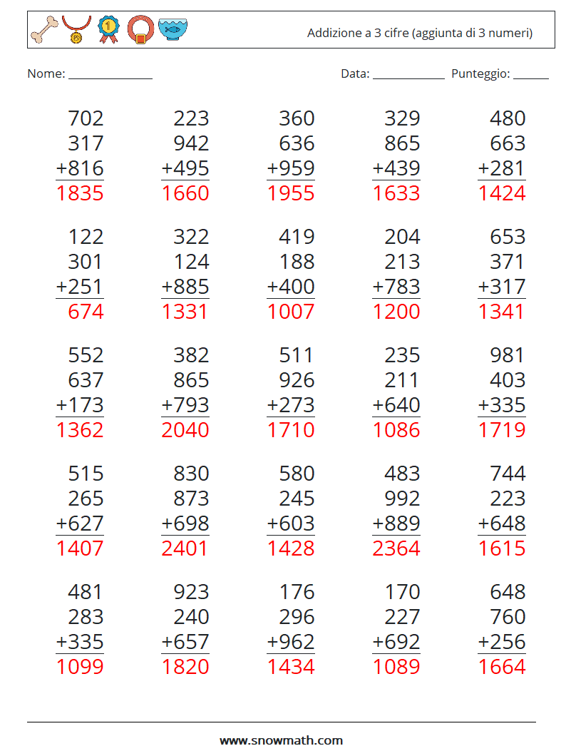 (25) Addizione a 3 cifre (aggiunta di 3 numeri) Fogli di lavoro di matematica 10 Domanda, Risposta