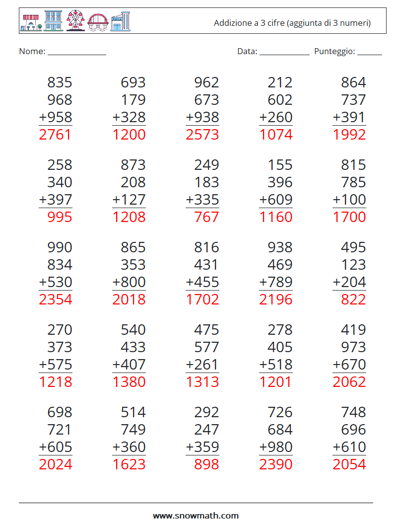 (25) Addizione a 3 cifre (aggiunta di 3 numeri) Fogli di lavoro di matematica 11 Domanda, Risposta