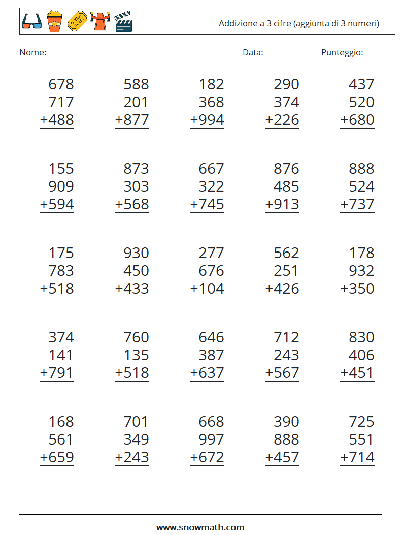 (25) Addizione a 3 cifre (aggiunta di 3 numeri) Fogli di lavoro di matematica 12