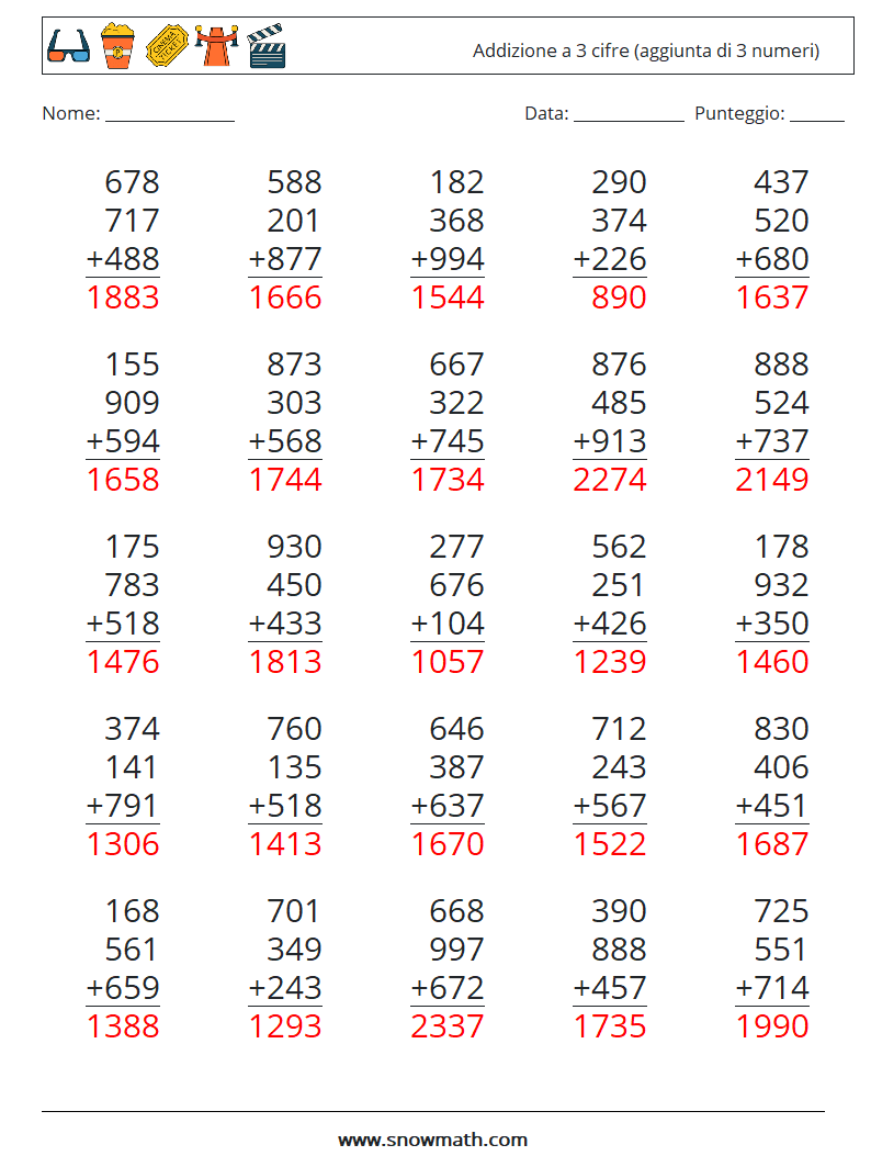 (25) Addizione a 3 cifre (aggiunta di 3 numeri) Fogli di lavoro di matematica 12 Domanda, Risposta