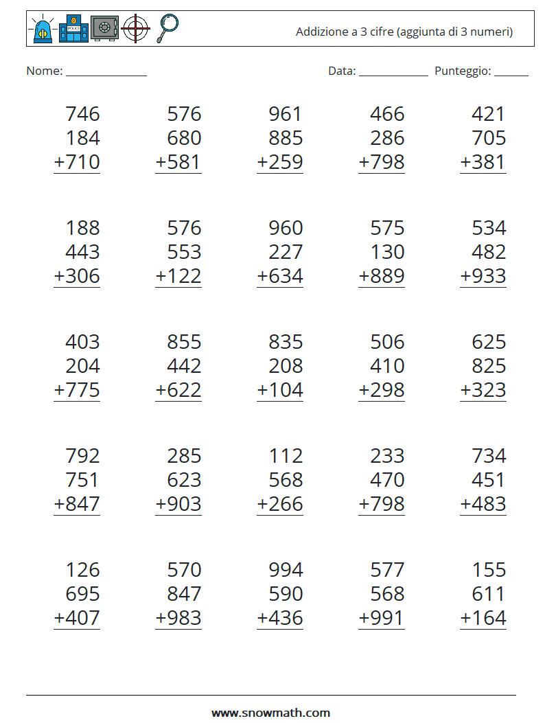 (25) Addizione a 3 cifre (aggiunta di 3 numeri) Fogli di lavoro di matematica 13