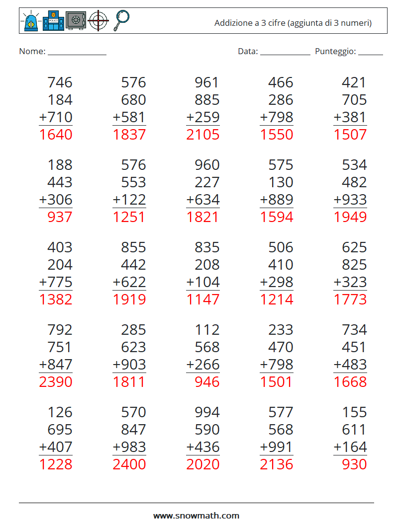 (25) Addizione a 3 cifre (aggiunta di 3 numeri) Fogli di lavoro di matematica 13 Domanda, Risposta