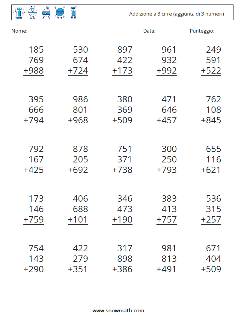 (25) Addizione a 3 cifre (aggiunta di 3 numeri) Fogli di lavoro di matematica 15