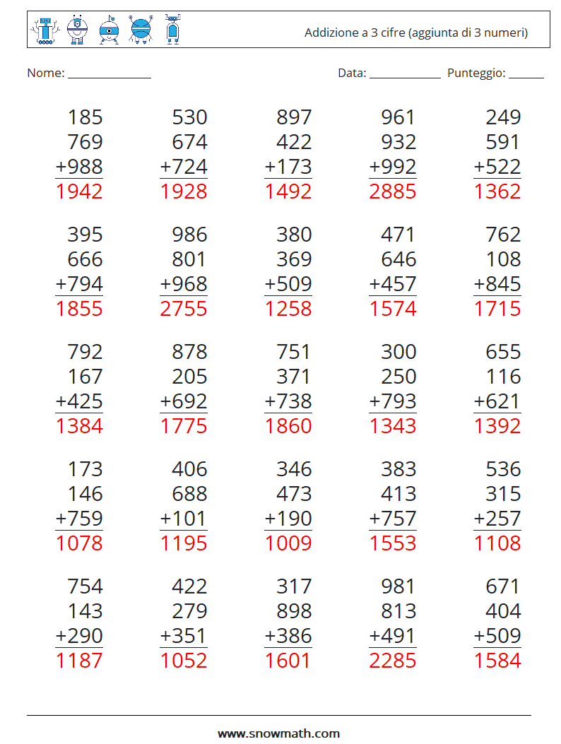 (25) Addizione a 3 cifre (aggiunta di 3 numeri) Fogli di lavoro di matematica 15 Domanda, Risposta