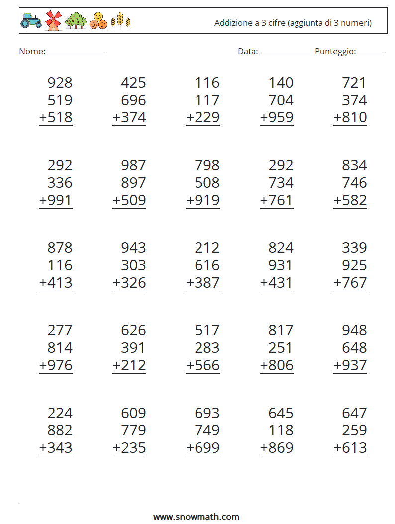 (25) Addizione a 3 cifre (aggiunta di 3 numeri) Fogli di lavoro di matematica 16