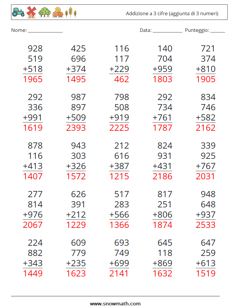 (25) Addizione a 3 cifre (aggiunta di 3 numeri) Fogli di lavoro di matematica 16 Domanda, Risposta