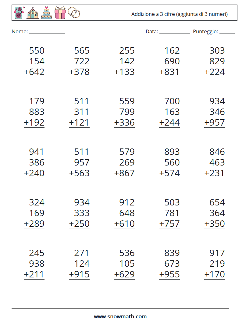 (25) Addizione a 3 cifre (aggiunta di 3 numeri) Fogli di lavoro di matematica 17