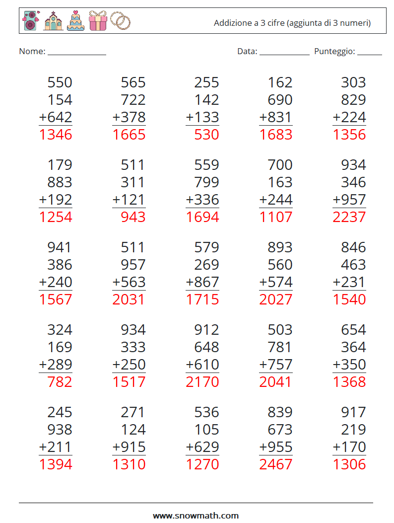 (25) Addizione a 3 cifre (aggiunta di 3 numeri) Fogli di lavoro di matematica 17 Domanda, Risposta