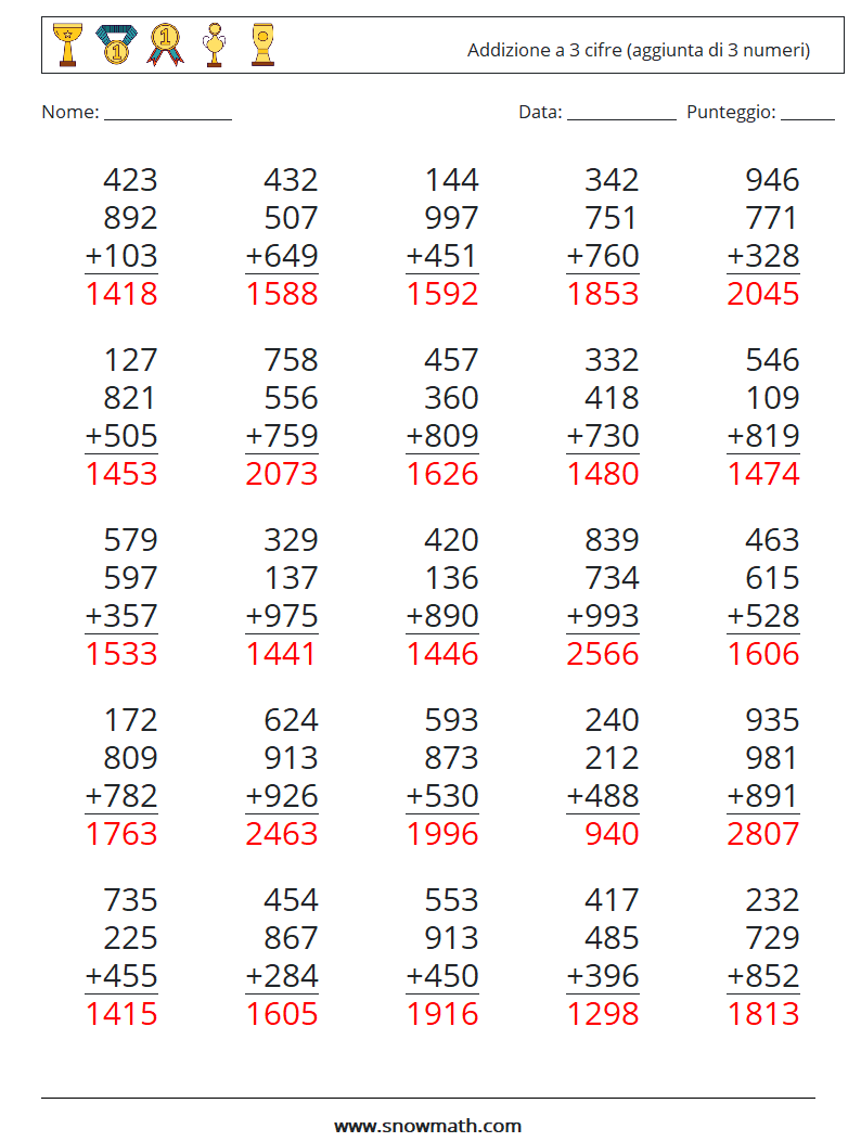 (25) Addizione a 3 cifre (aggiunta di 3 numeri) Fogli di lavoro di matematica 1 Domanda, Risposta