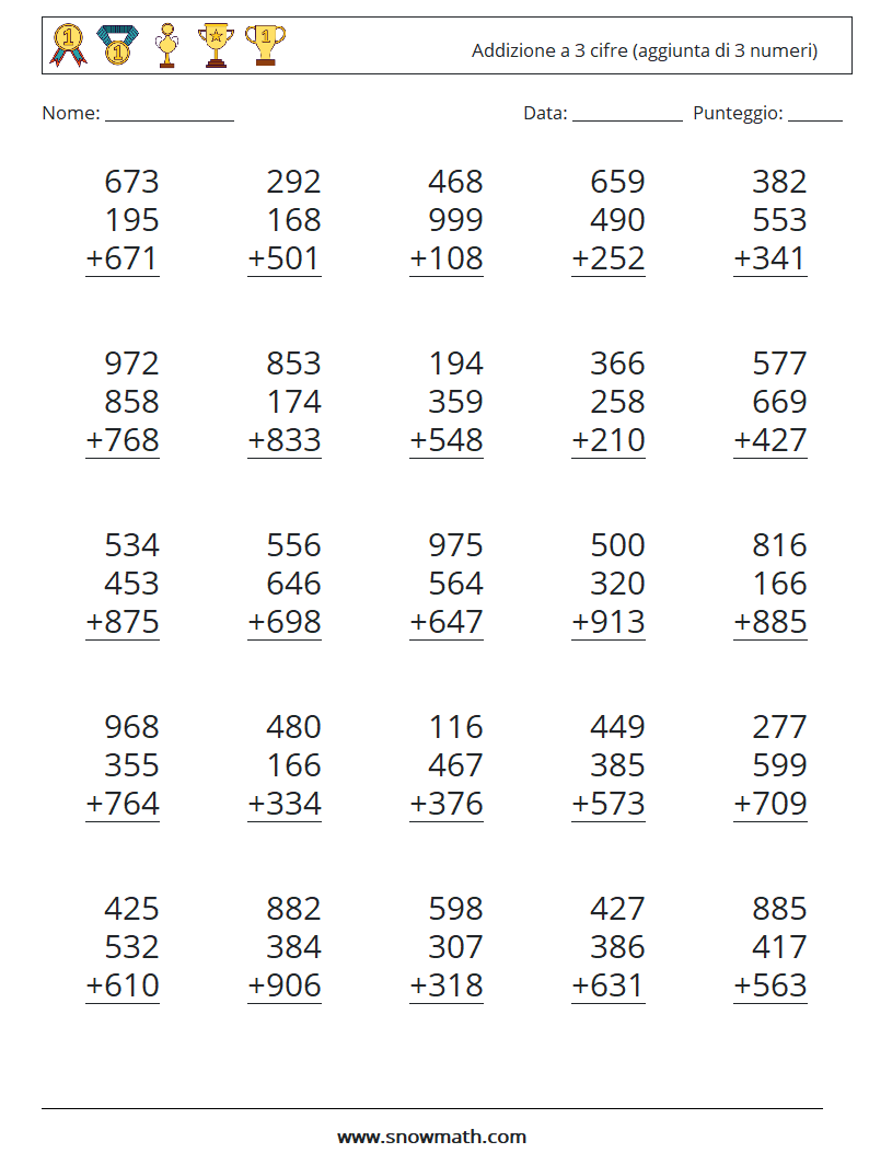 (25) Addizione a 3 cifre (aggiunta di 3 numeri) Fogli di lavoro di matematica 2