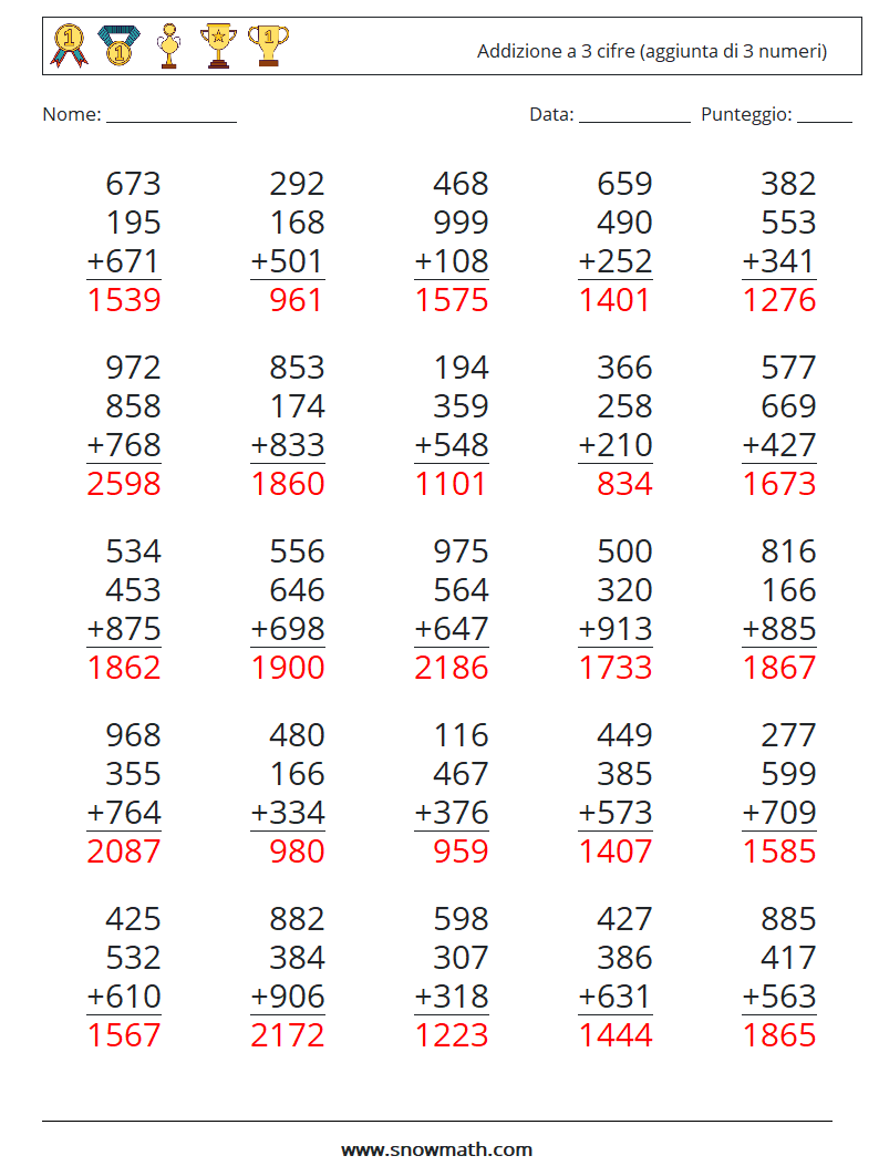 (25) Addizione a 3 cifre (aggiunta di 3 numeri) Fogli di lavoro di matematica 2 Domanda, Risposta