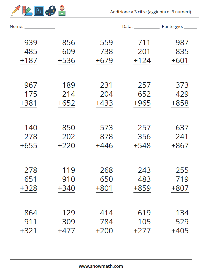 (25) Addizione a 3 cifre (aggiunta di 3 numeri) Fogli di lavoro di matematica 3