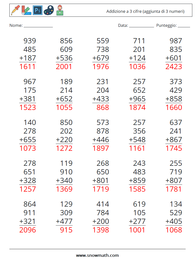 (25) Addizione a 3 cifre (aggiunta di 3 numeri) Fogli di lavoro di matematica 3 Domanda, Risposta