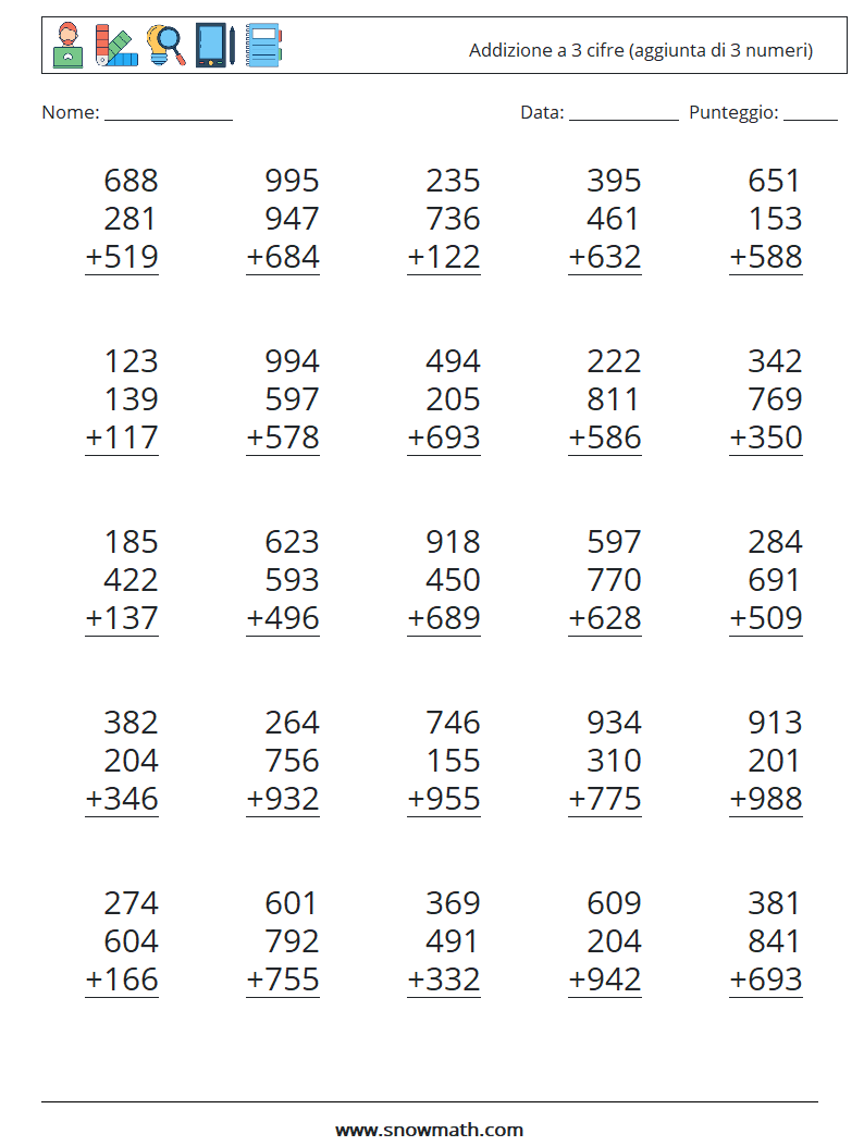 (25) Addizione a 3 cifre (aggiunta di 3 numeri) Fogli di lavoro di matematica 4