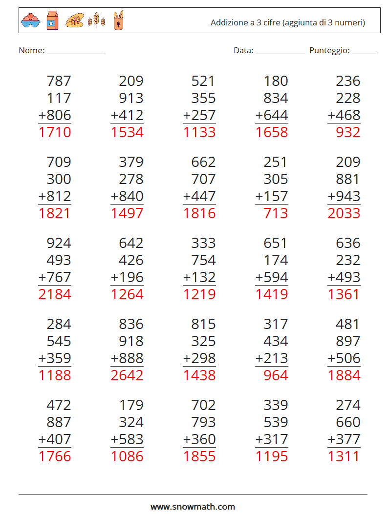 (25) Addizione a 3 cifre (aggiunta di 3 numeri) Fogli di lavoro di matematica 5 Domanda, Risposta