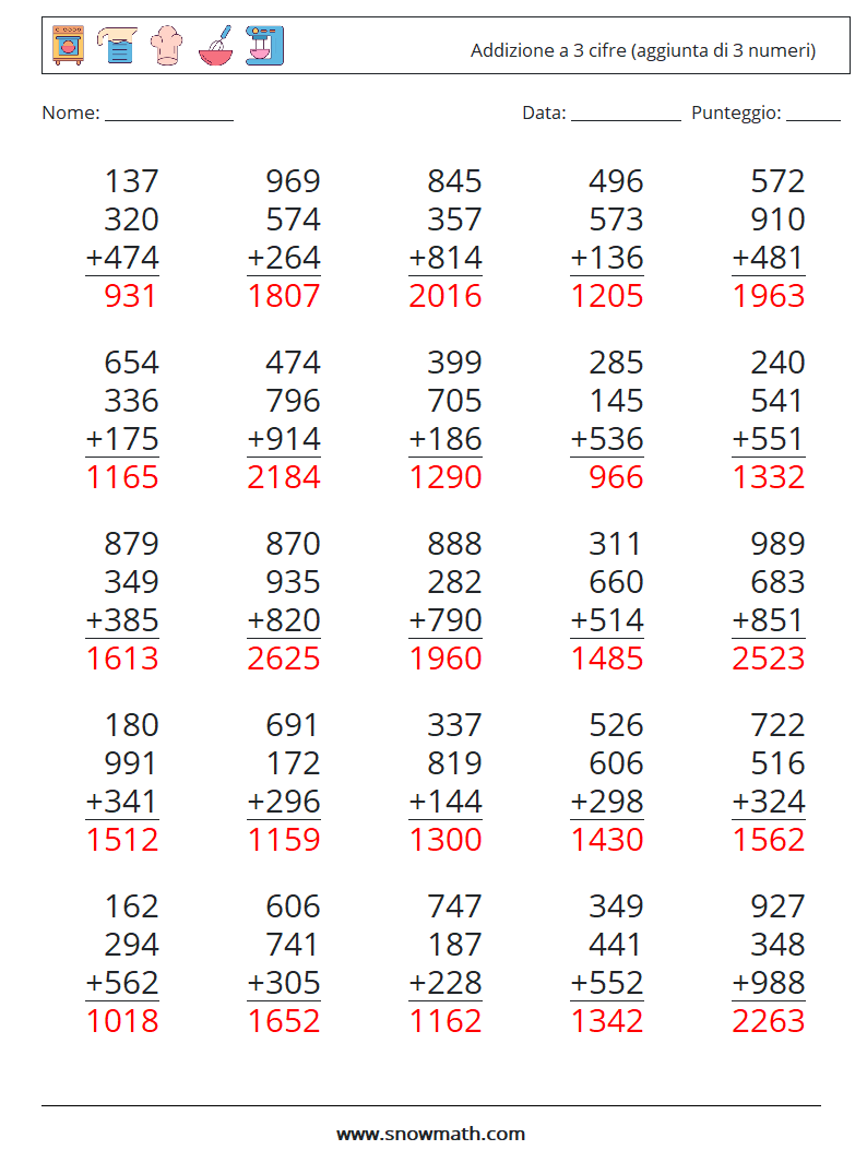 (25) Addizione a 3 cifre (aggiunta di 3 numeri) Fogli di lavoro di matematica 6 Domanda, Risposta