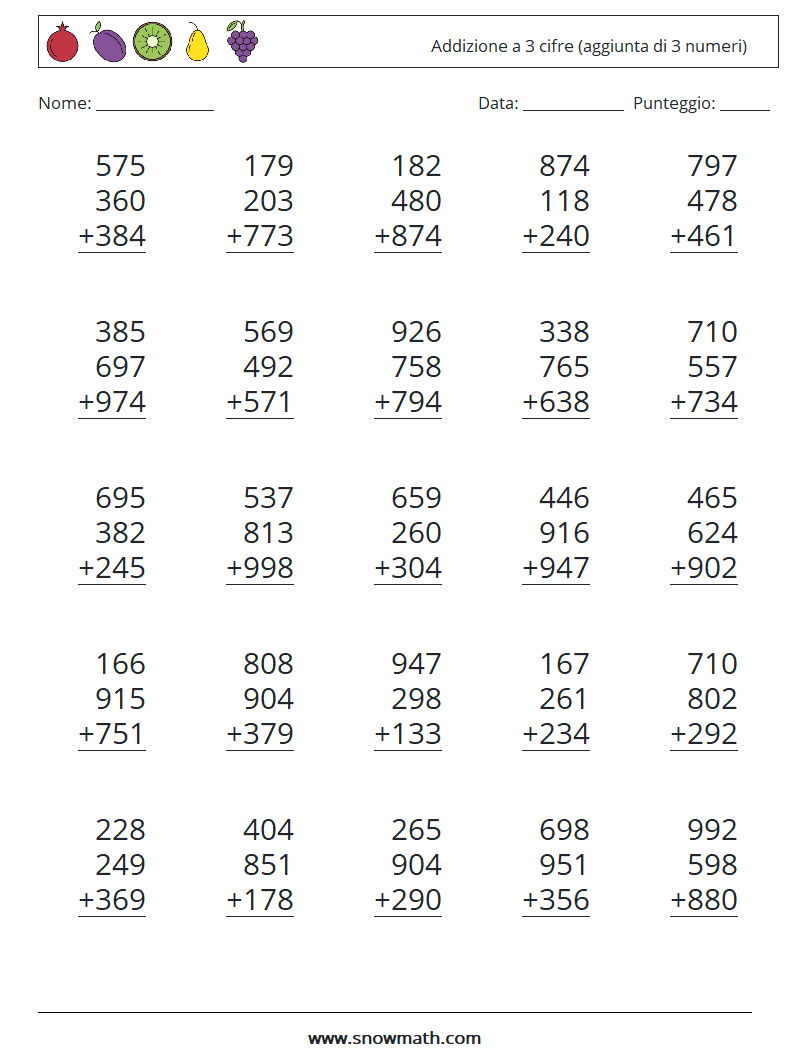 (25) Addizione a 3 cifre (aggiunta di 3 numeri) Fogli di lavoro di matematica 7