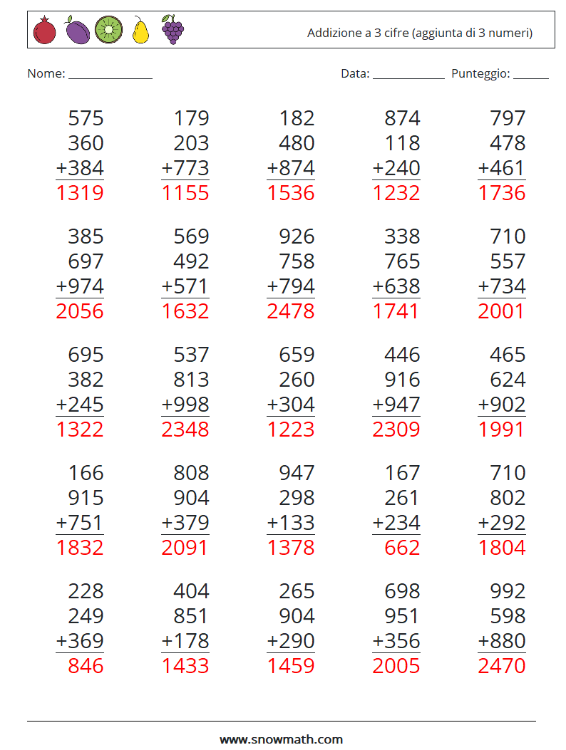 (25) Addizione a 3 cifre (aggiunta di 3 numeri) Fogli di lavoro di matematica 7 Domanda, Risposta