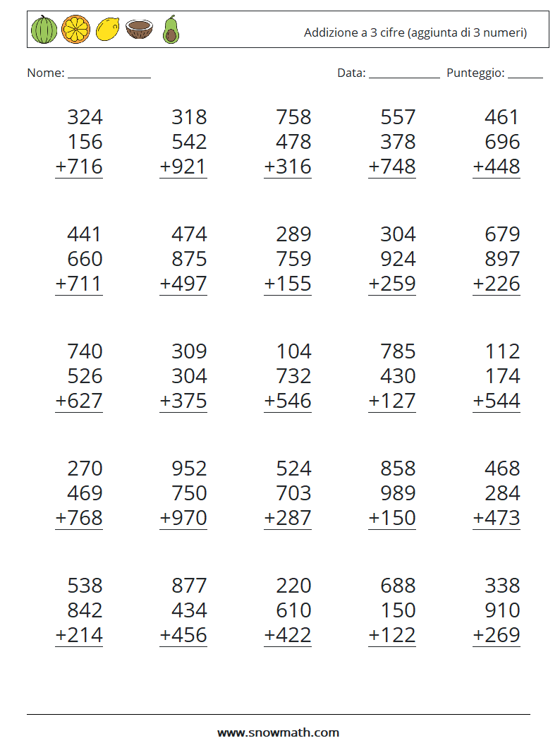 (25) Addizione a 3 cifre (aggiunta di 3 numeri) Fogli di lavoro di matematica 8